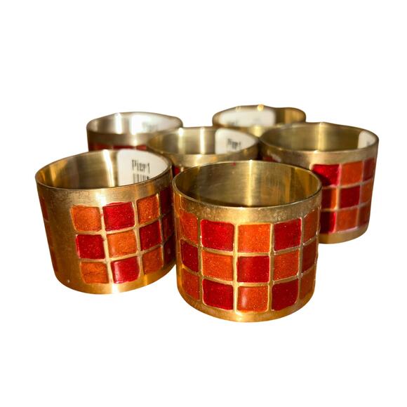 New 6 Vintage Enamel & Brass Napkin Rings Orange and Red Design - Picture 1 of 9
